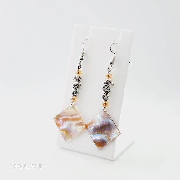 Natural Abalone Shell Sea Horse Drop Dangle Handmade Glass Beaded Earrings - Picture 1 of 8